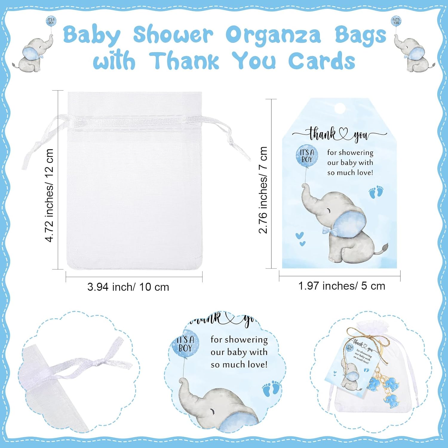 25 Set Baby Shower Favors for Guests Elephant Keychain Decoration with Thank You Card for Girl Boy Gender Reveal Gift(Blue) - Image 3