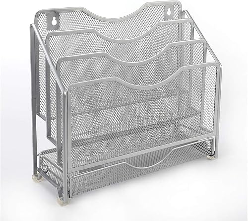 EasyPAG Organizador de papel de escritorio de malla para colgar en la pared con 3 estantes verticales y cajón deslizante, color plateado