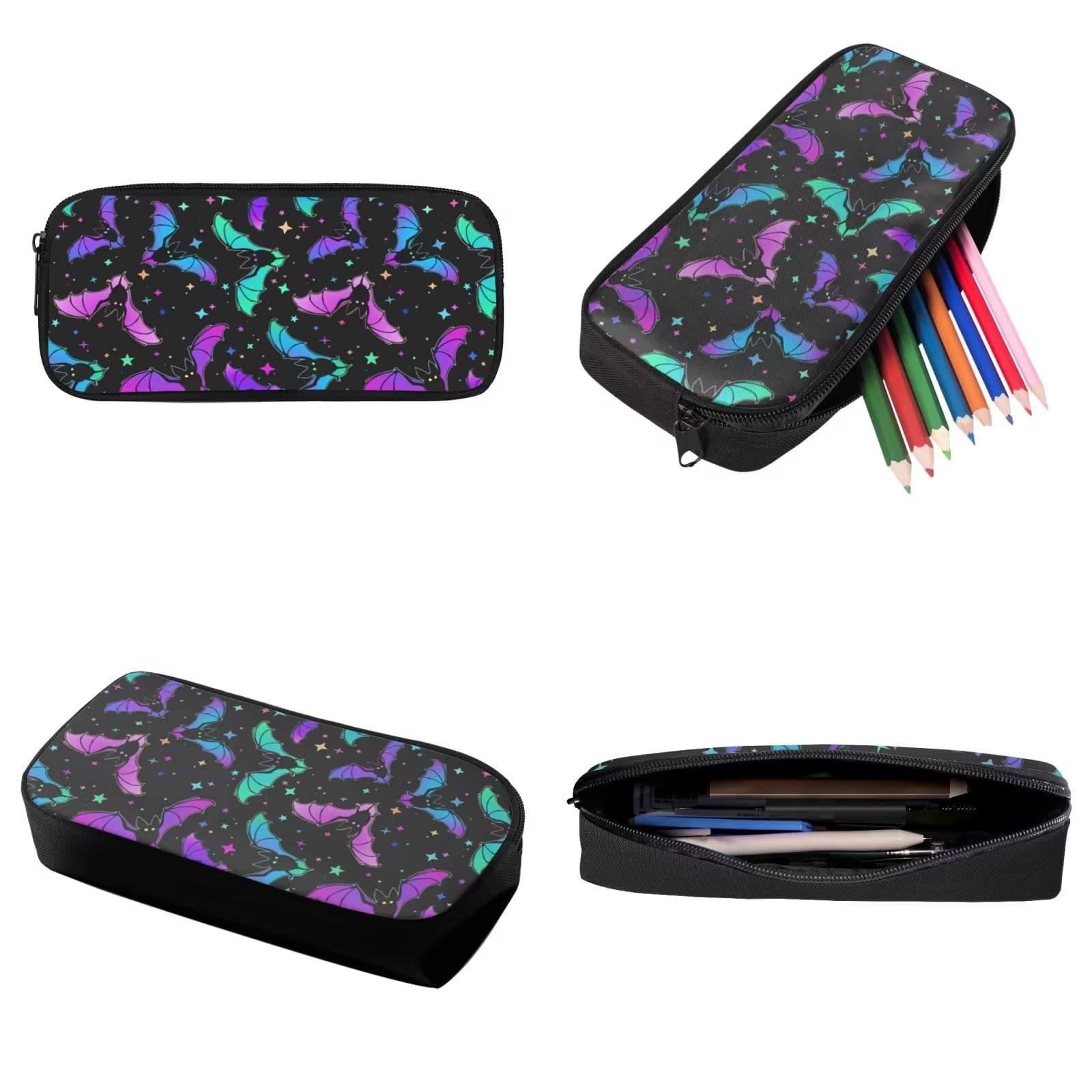 Poceacles Schultasche und Lunchbox-Set für Teenager, Jungen, Grundschule, Büchertasche, Federmäppchen für Grundschulkinder, Bunte Fledermäuse, Einheitsgröße
