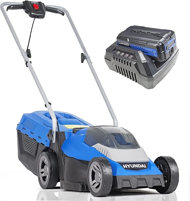 Hyundai 13"/33cm 40V Lithium-Ion Cordless Battery Powered Roller Lawn Mower With Battery and Charger, 3 Adjustable Cutting Heights, 30l Grass Collector, Foldable Handles, 3 Year Warranty