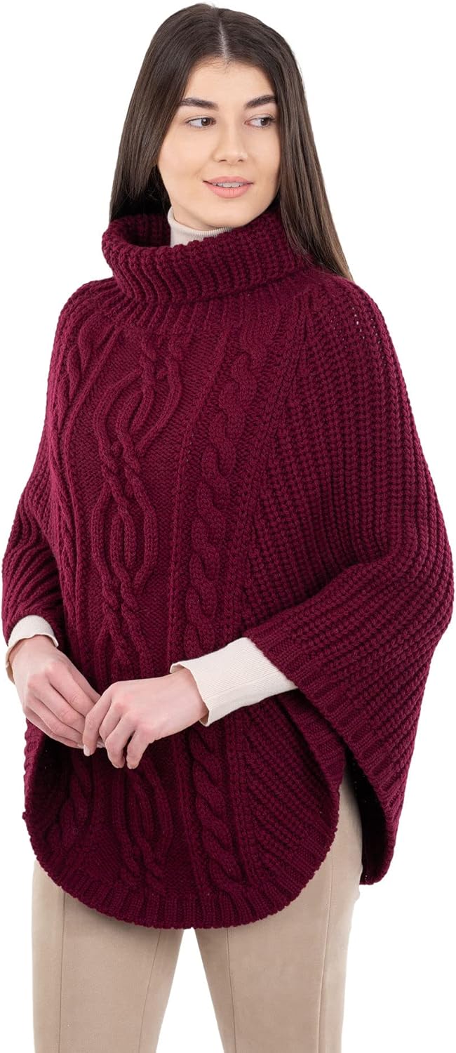 SAOL 100% Merino Wool Cable Knit Ladies Irish Aran Poncho Cardigan - Image 8