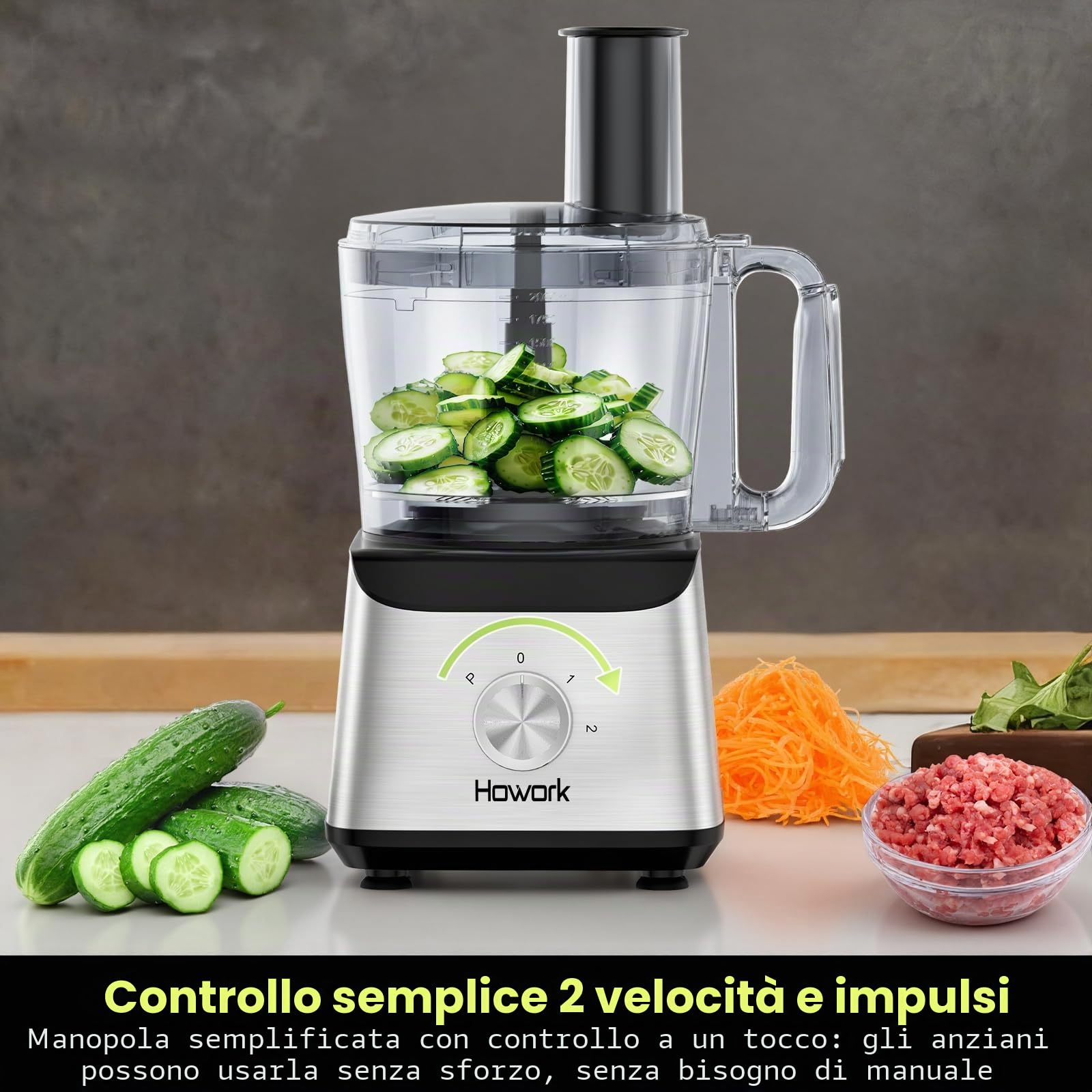 Howork Robot da Cucina multifunzione 1500W, Multifunzione di Grande Capacità, Per Tritare, Affettare, Sminuzzare, Tritare, Frullare, Sminuzzare,Farcire e Impastare, Acciaio Inox Nero