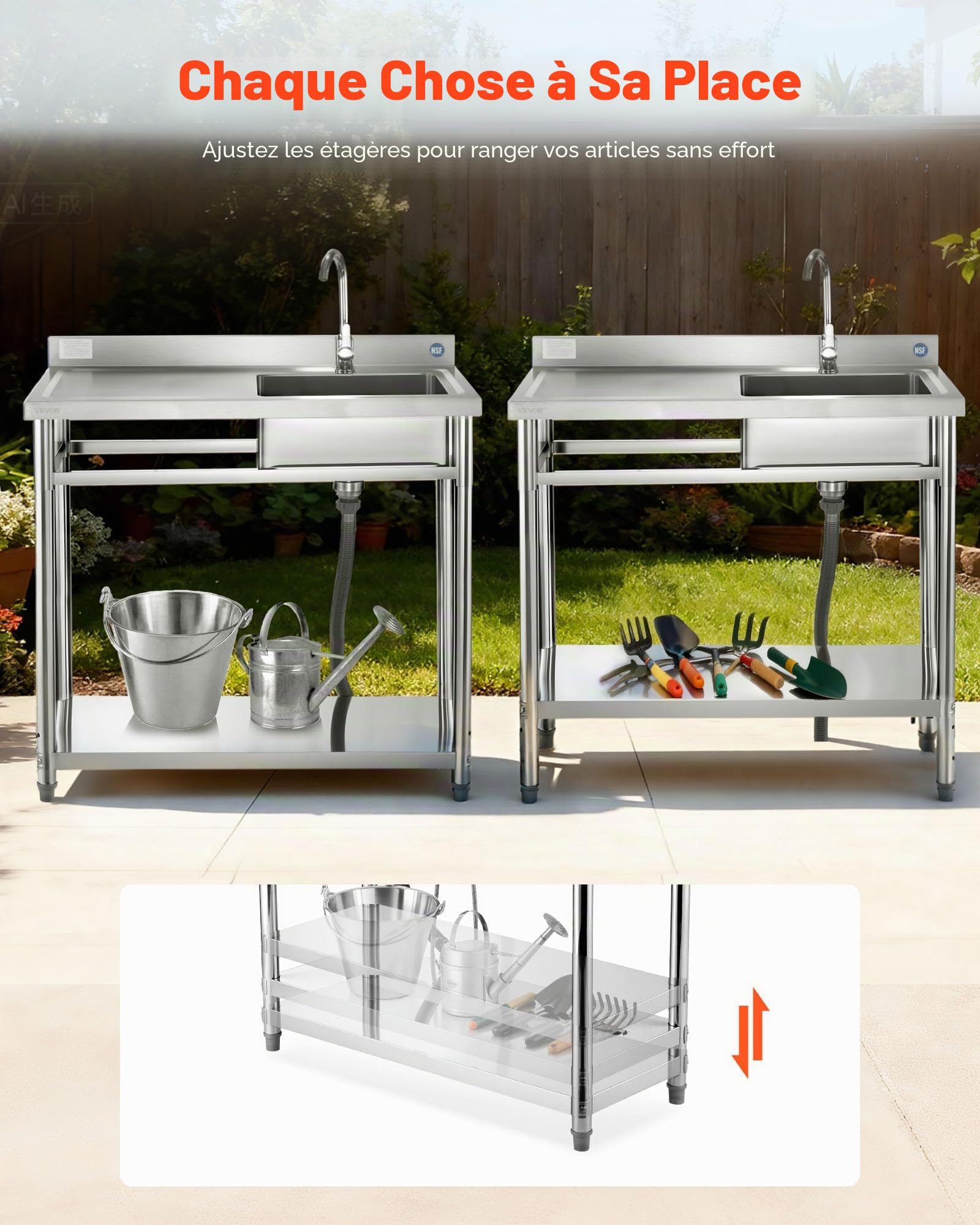VEVOR Évier cuisine utilitaire en acier inoxydable, évier professionnel autoportant à cuve unique droite, avec robinet, tuyau d'eau chaude et froide pour garage, restaurant, buanderie, 100x50x94 cm