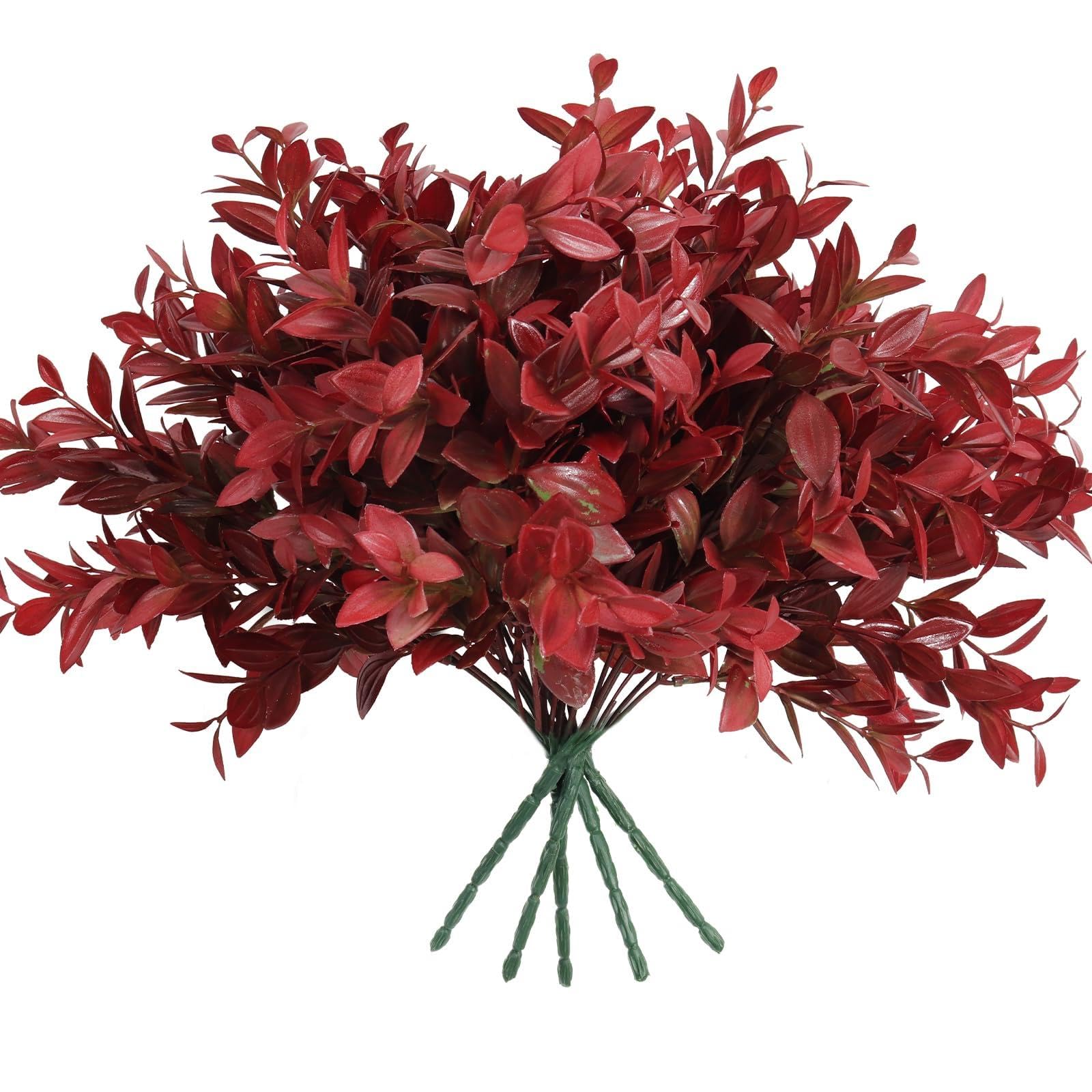 RECUTMS 6 Bundles Artificial Greenery Stems, 14.5" Fake Lucky Bamboo Leaves Faux Outdoor Plants UV Resistant Plastic Shrubs for Window Box Garden Patio Farmhouse Pathway Indoor Decorations (Red) — image 1