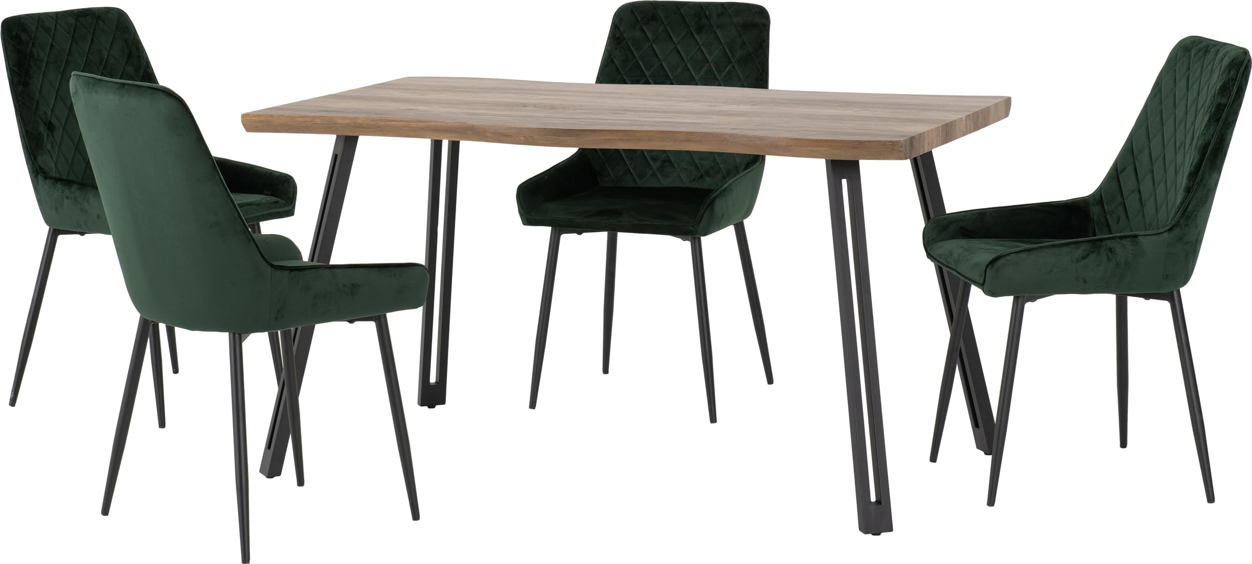 Seconique Quebec Wave Oak Effect Dining Table and 4 Avery Green Velvet Chairs