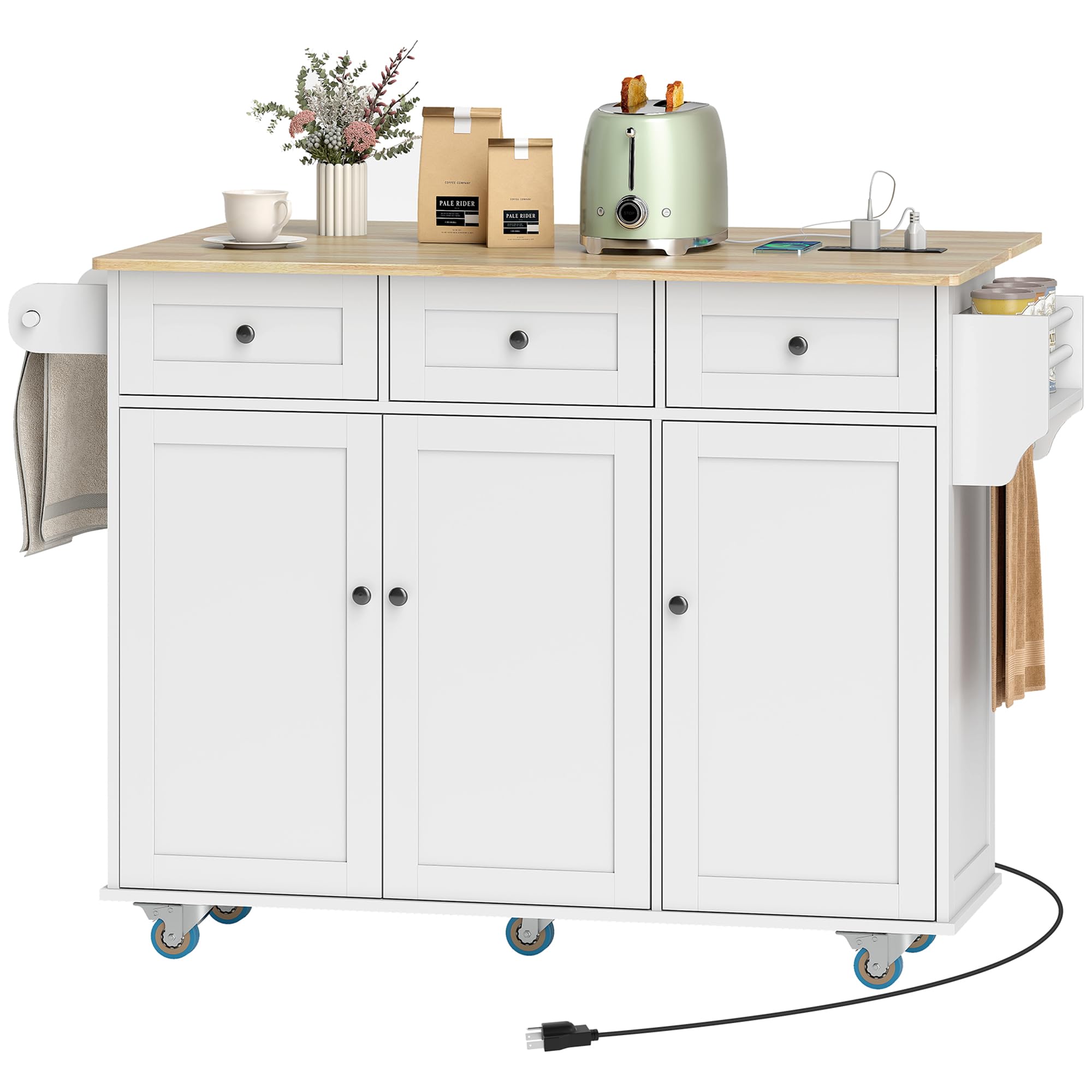 HOMCOM Kitchen Island with Drop Leaf and Power Outlet, Rolling Cart with Storage Cabinets, Solid Wood Island Table on Wheels for Kitchen with 3