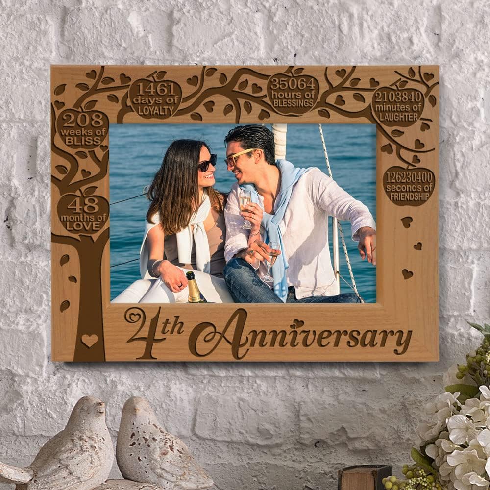 KATE POSH - Our 4th Anniversary Engraved Natural Wood Picture Frame - 4 Years of Marriage, Four Years Together, Wedding for Husband & Wife, Fruit Basket Anniversary (5x7 Horizontal)