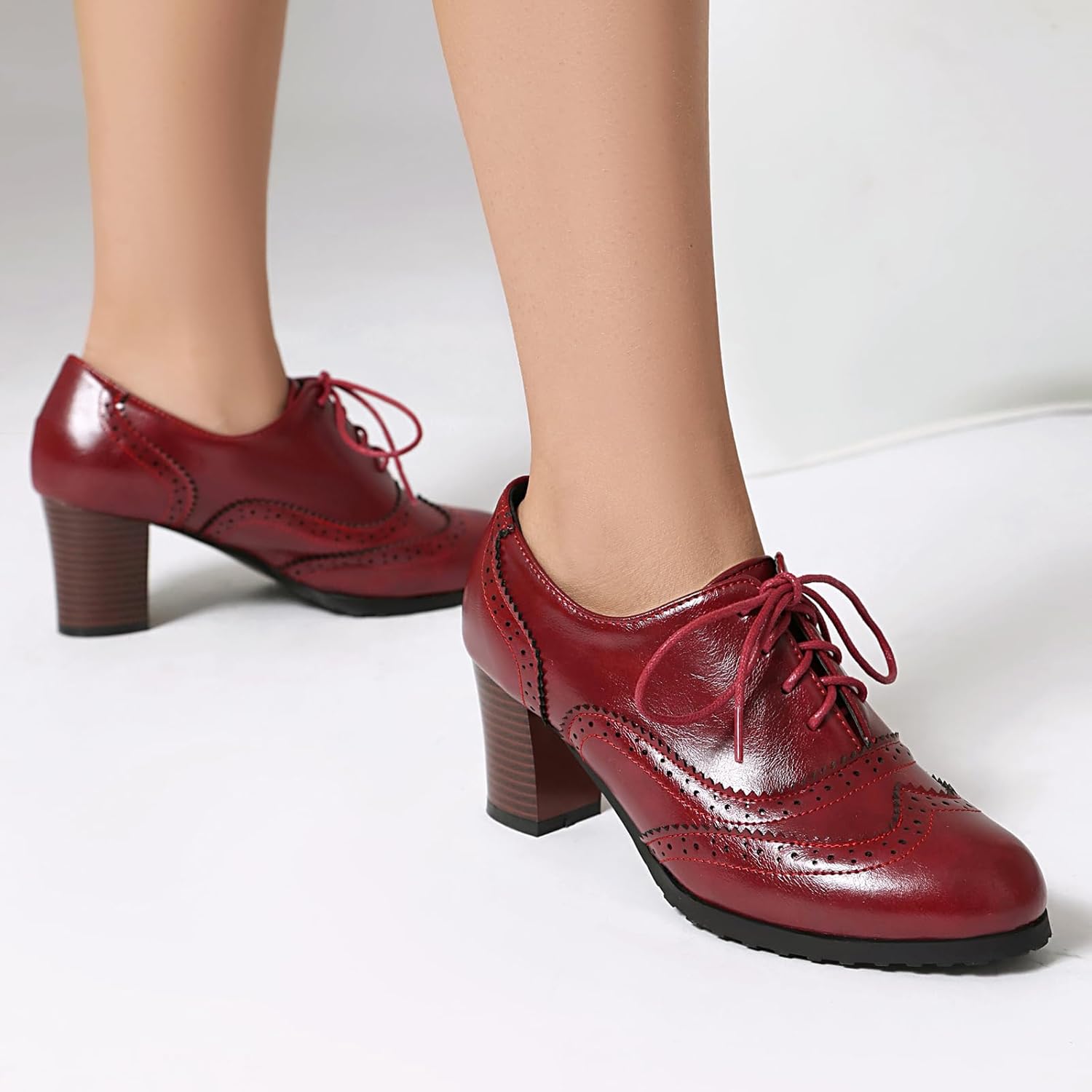 BEAUPAS Women's Oxford Wingtip Pumps Lace Up Block Heel Shoes Classic Brogue Dress Shoes - Image 6