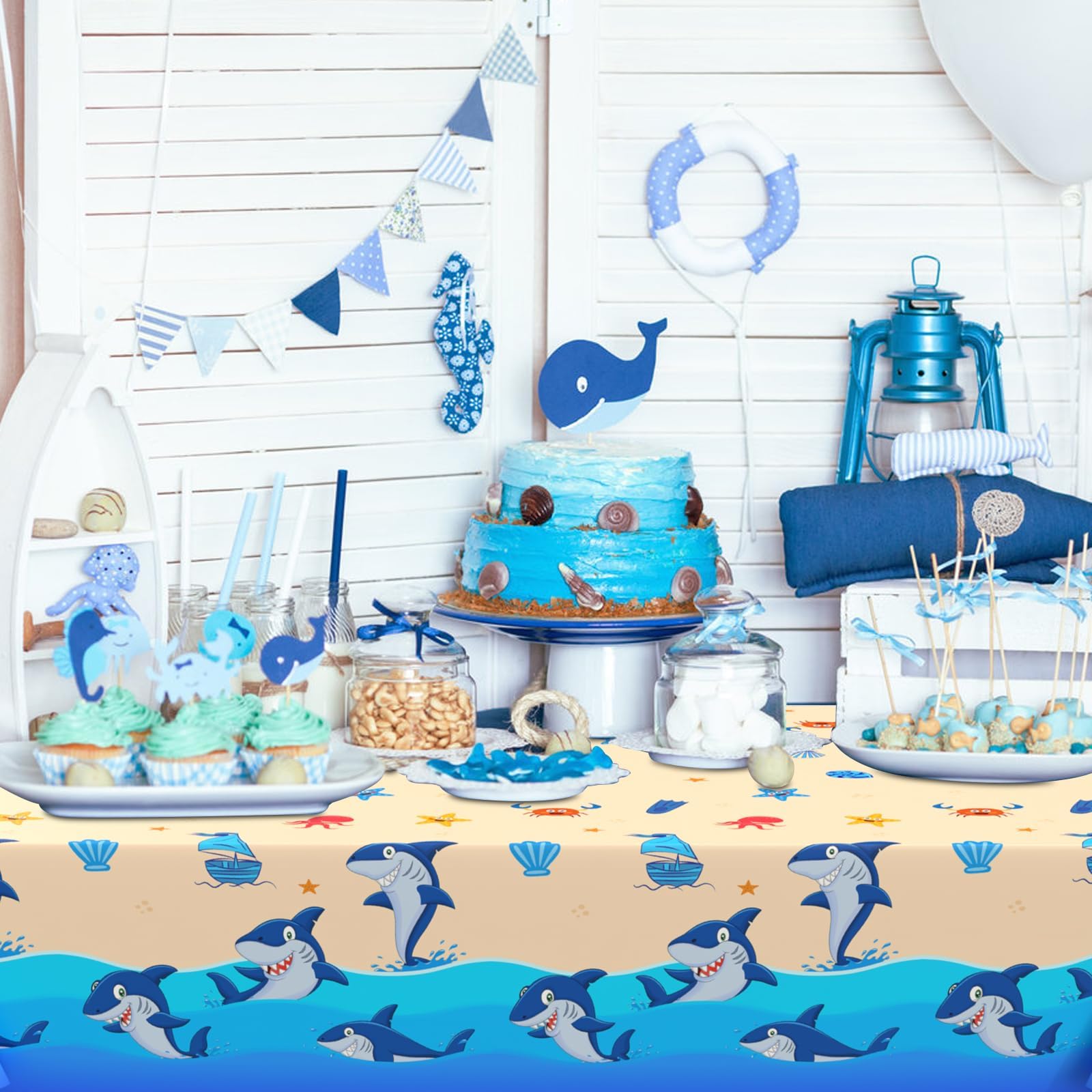 Set van 4 oceaangolven tafelkleden, herbruikbare oceaanwatertafelhoes voor oceaan onder de zee, strand, zwembad, zeemeermin, haai, verjaardagsfeest, decoratieaccessoires, 137 x 274 cm