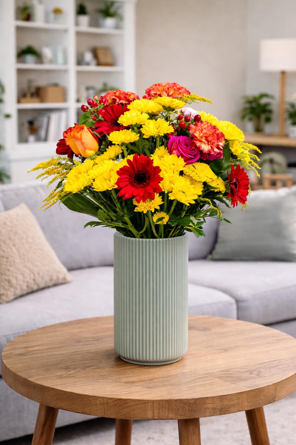 eFiori - Consegna a MANO da un FIORISTA Fiori Freschi a domicilio, Mazzo di Fiori VERI tonalità calde + Verde decorativo. DEDICA INCLUSA -> Opzione regalo