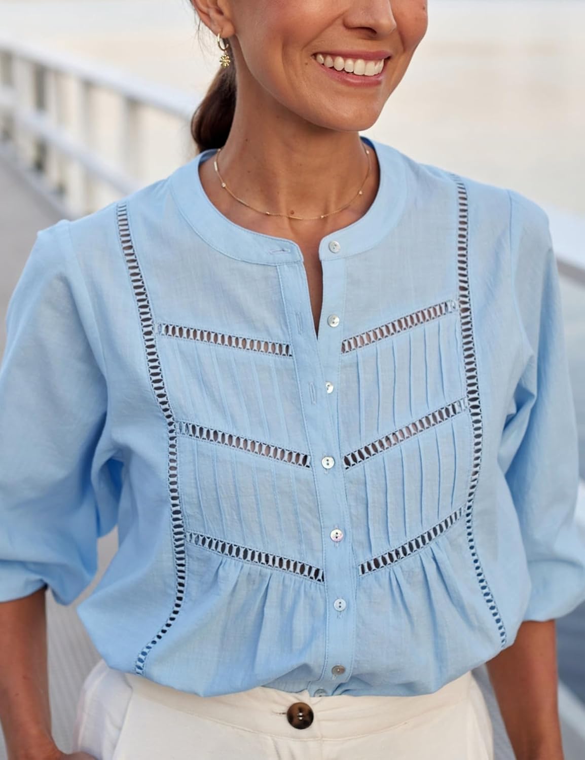 EsheSy Women's Button Down Shirts Lace Blouses Bracelet Sleeves Round Neck Loose Pleated Cotton Tops - Image 3