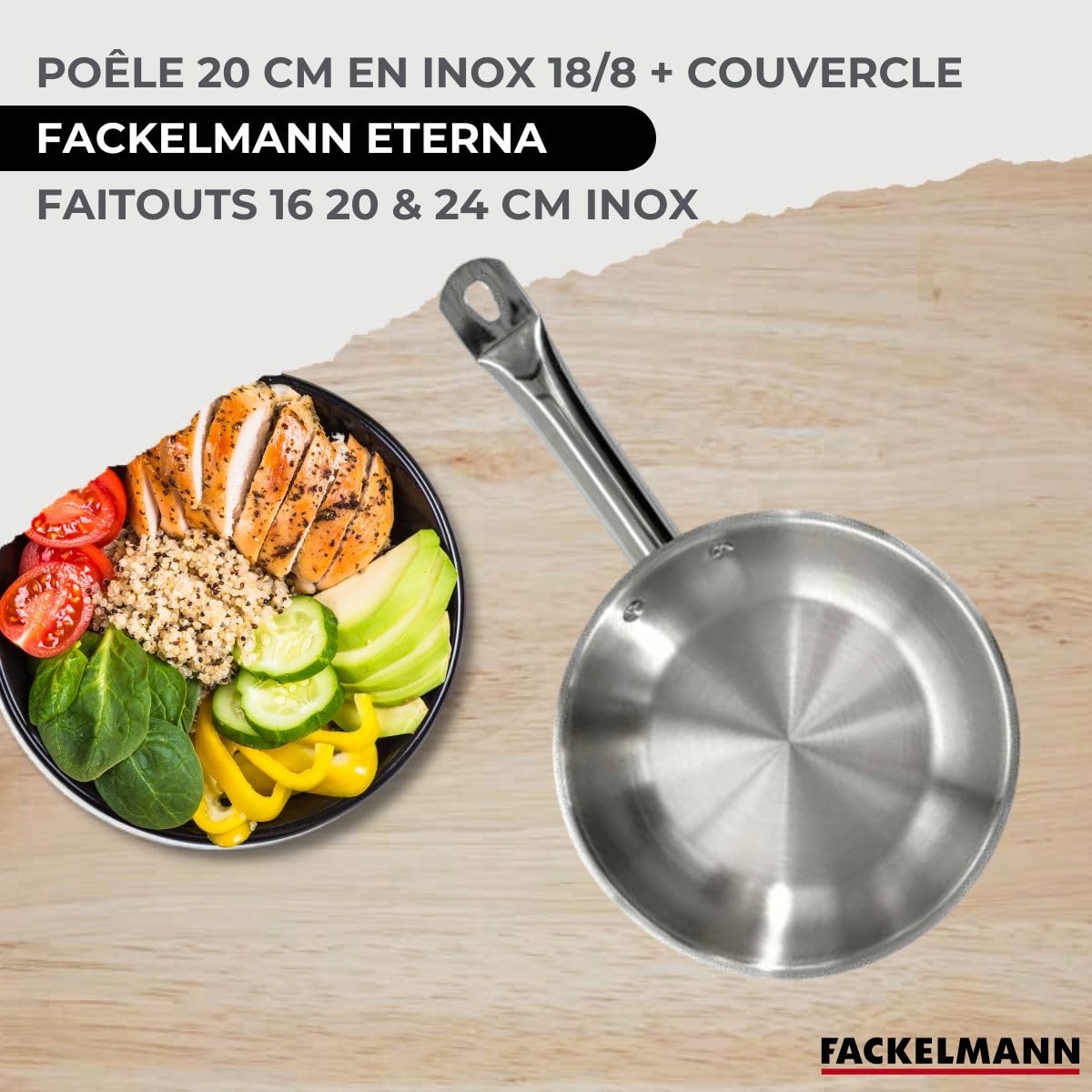 Fackelmann Batterie cuisine 5 pieces 16-24 cm + 5 ustensiles | Lot complet pour équiper la cuisson, 10 pièces avec faitouts 16 20 24 cm, Poêle inox 20 cm, Induction gaz vitrocéramique