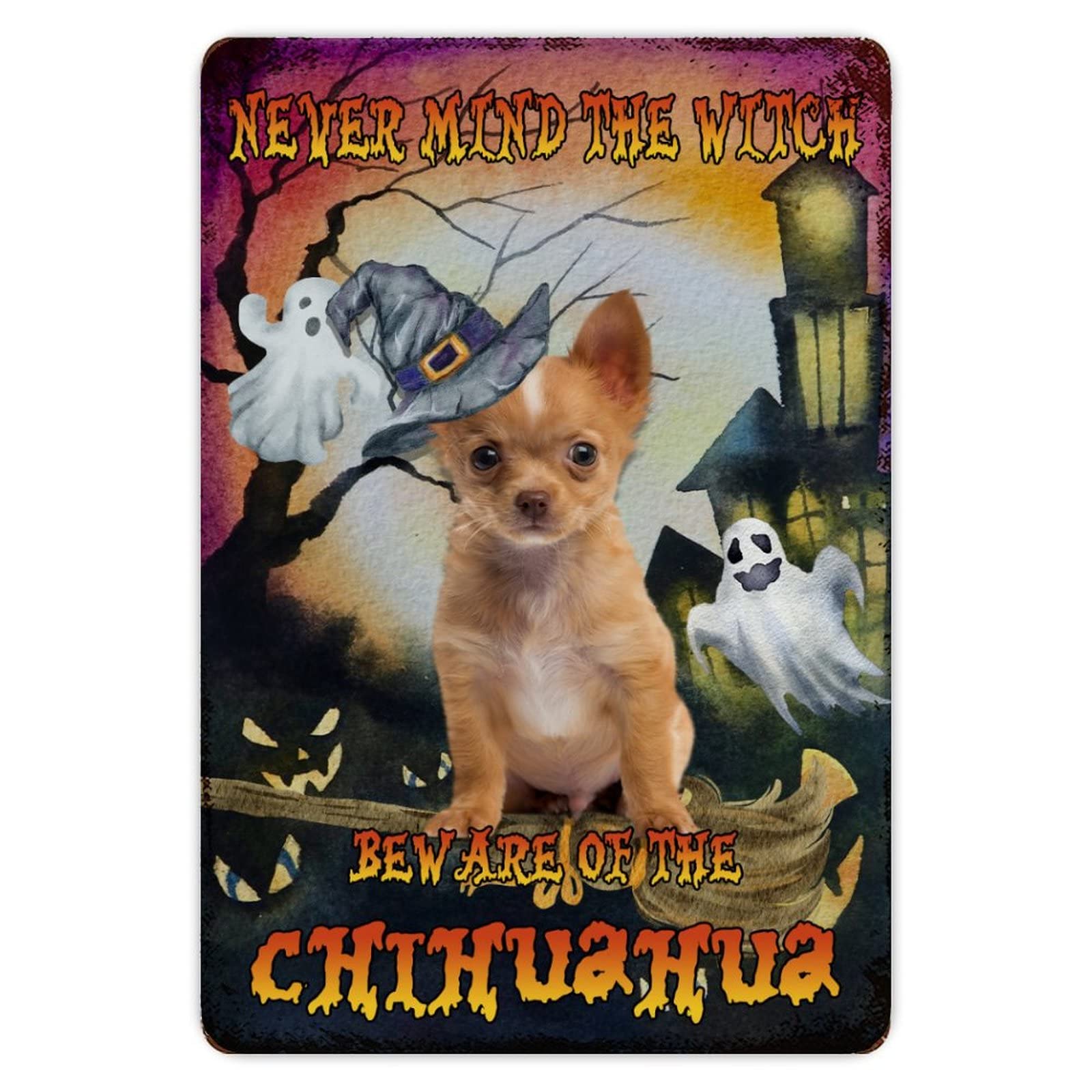 ENEDNATE Happy Halloween Never Mind The Witch Beware of The Dog Aluminum Tin Sign 8x12 Waterproof Vintage Metal Sign for School Office Classroom Gate Garage Garden Home Wall Decor Housewarming Gifts