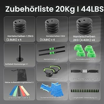 20 kg Dumbbell Set 5 in 1 Adjustable Home Fitness Equipment for Men and Women Barbell Kettlebell Push-Up Handles Abdominal Trainer Free Dumbbells for Full Body Training