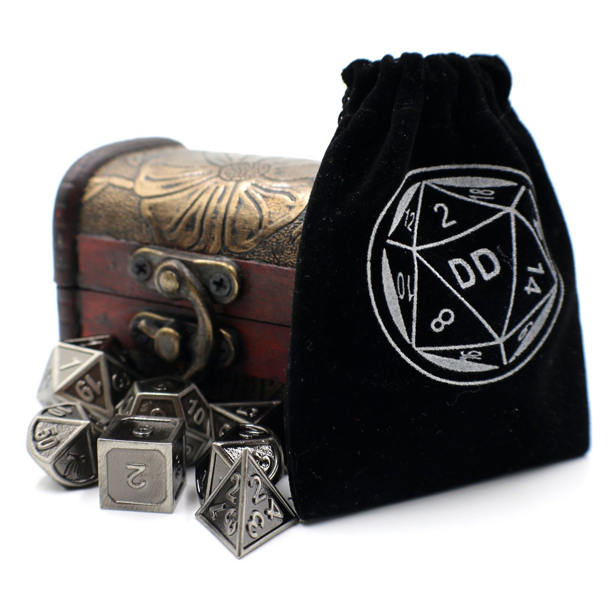 Jeu de dés en métal avec bordure argentée et coffre de rangement pour jeux de table