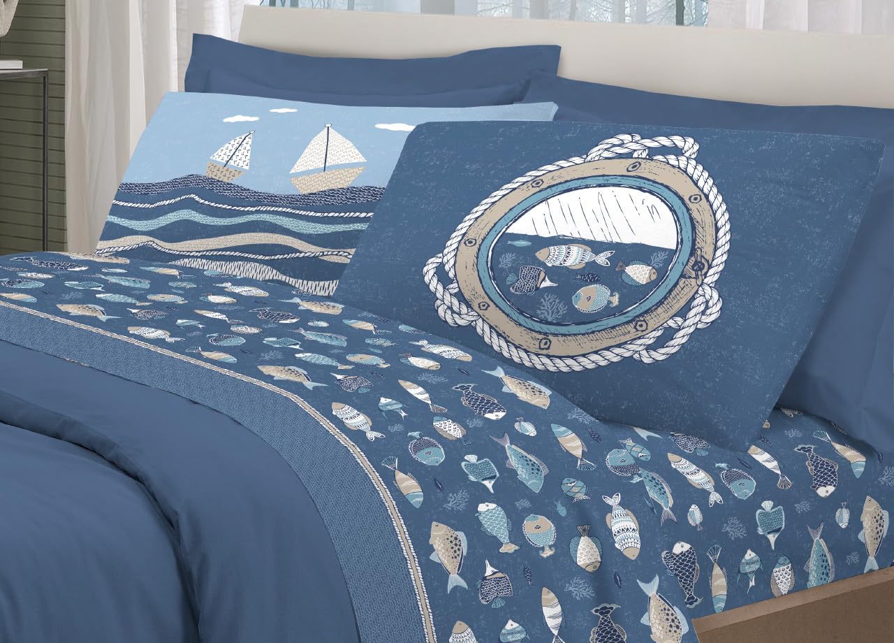 BIANCHERIAWEB Completo Lenzuola Letto Pensieri Delicati 100% Cotone Disegno Oceano Matrimoniale Blu