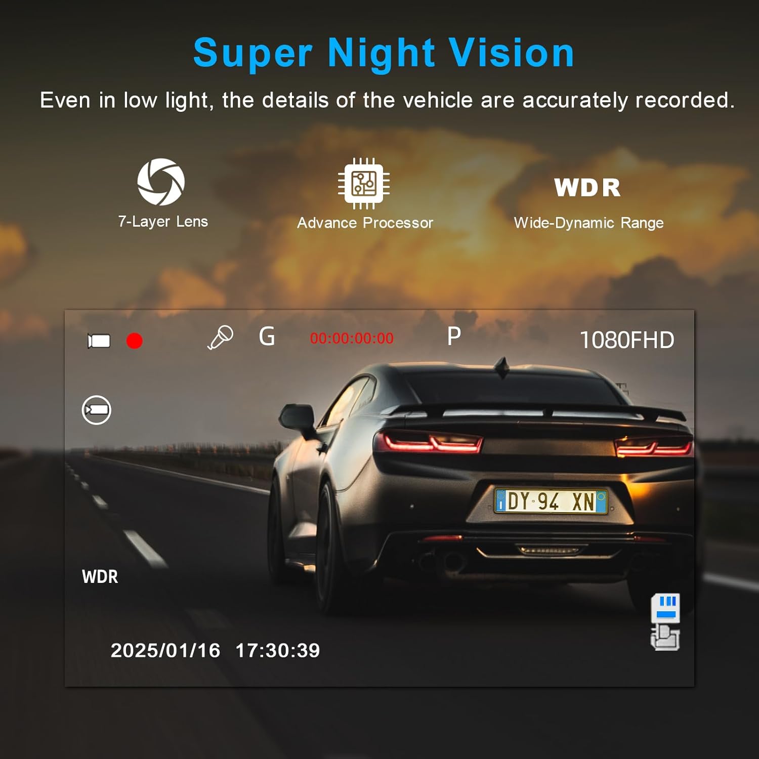 Illustration of Super Night Vision and WDR technology for clear night recordings.
