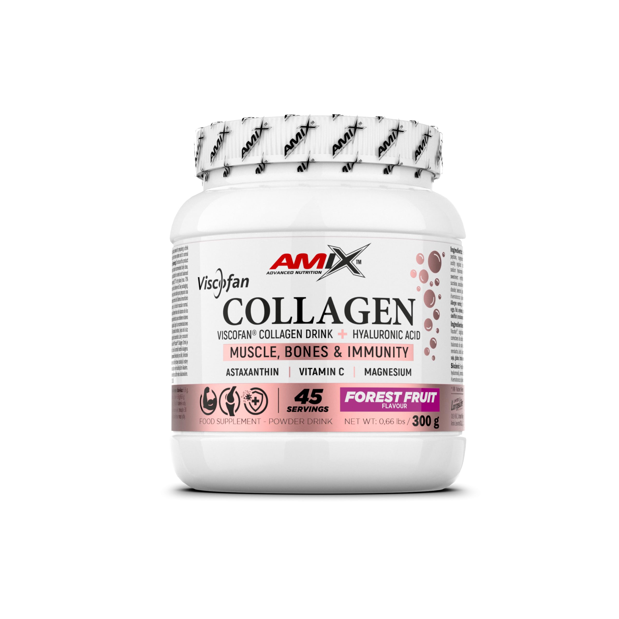 Amix™ Bovino Viscofan® - Colágeno Bovino con Ácido Hialurónico, Astaxantina, Magnesio y Vitamina C - Complemento alimenticio - Apoya Huesos, Músculos e Inmunidad - 300 g - Sabor: Frutas del bosque