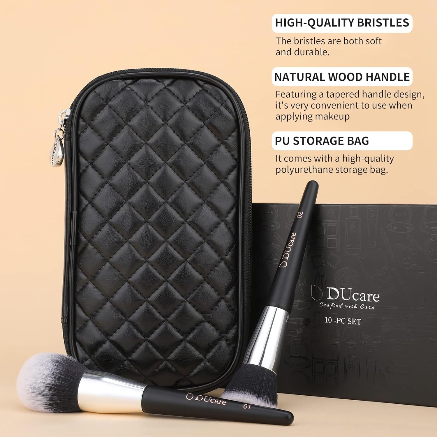 DUcare Makeup Brushes with Case 10Pcs Travel Makeup Brushset Women Gift Premium Synthetic Kabuki Foundation Blending Brush Face Powder Blush Concealers Eye Shadows with bag - Image 5