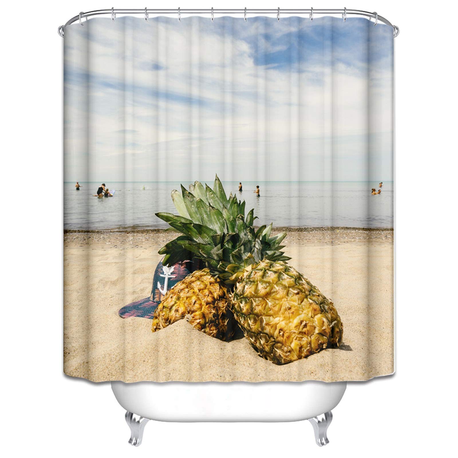 KnSam Cortina de ducha 100% poliéster, incluye 12 anillas para colgar en la bañera, antimoho, impermeable, playa y piña, color amarillo, marrón, ancho 150 x 180 cm