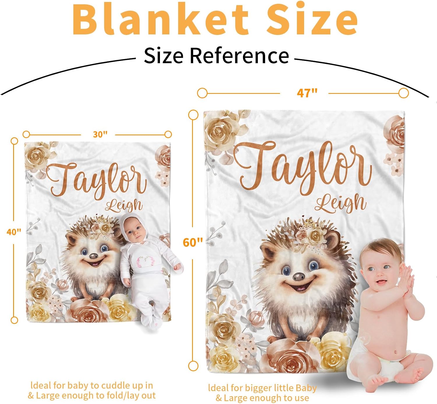 Personalized Baby Blanket - Nursery Bed Blanket for Boy Girl Toddler, Custom Name Infant Bedroom Nursery Decor, Orange Hedgehog(30”x40)