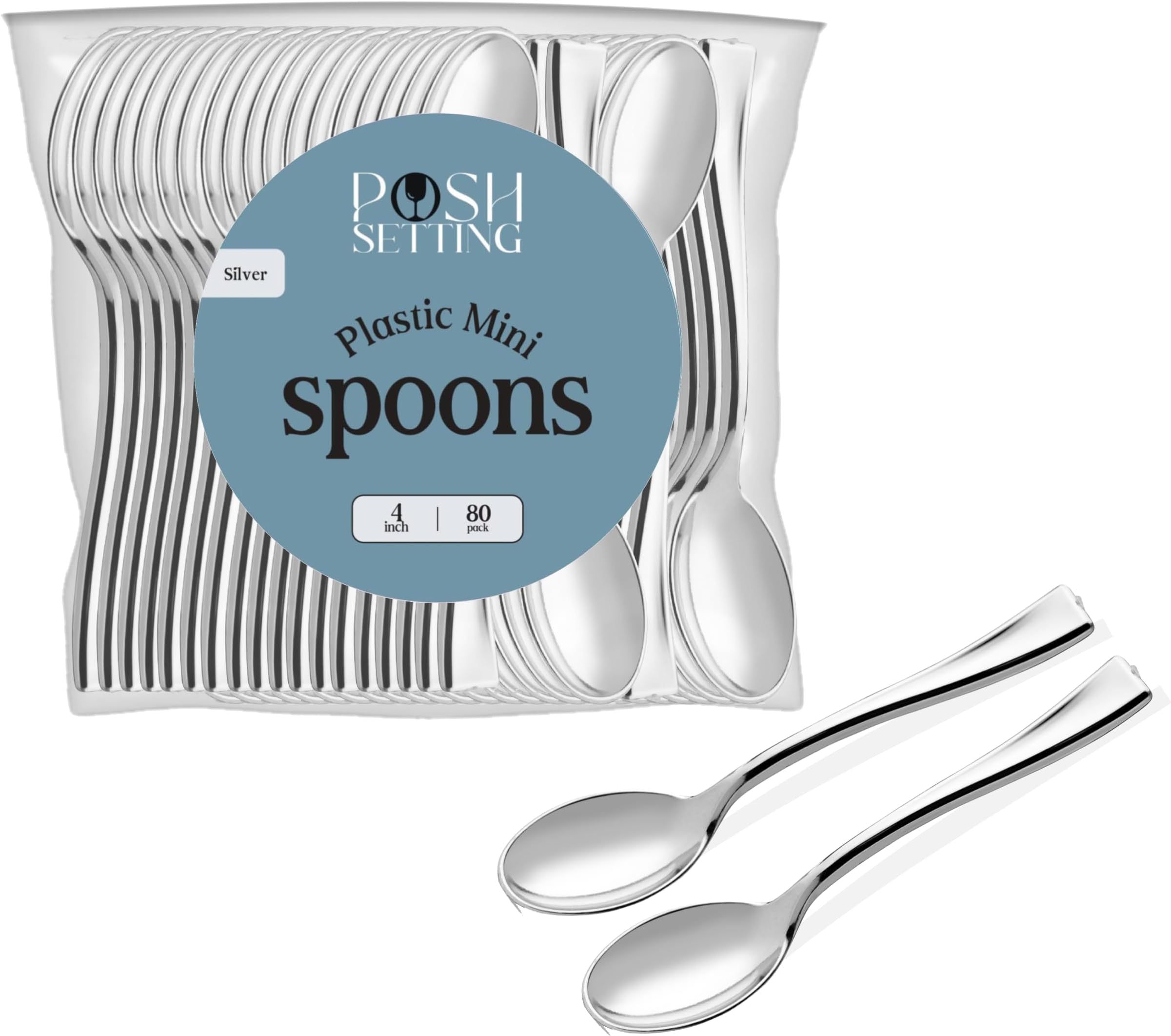 Posh Setting - Plastic Mini Spoons, Silver Mini Spoons, Silver Plastic Mini Dessert Spoons, Disposable Tiny Silver Spoons, 4 inch Mini Spoons for Appetizers, Taster Spoons, Ice Cream Spoons (80 Pack)