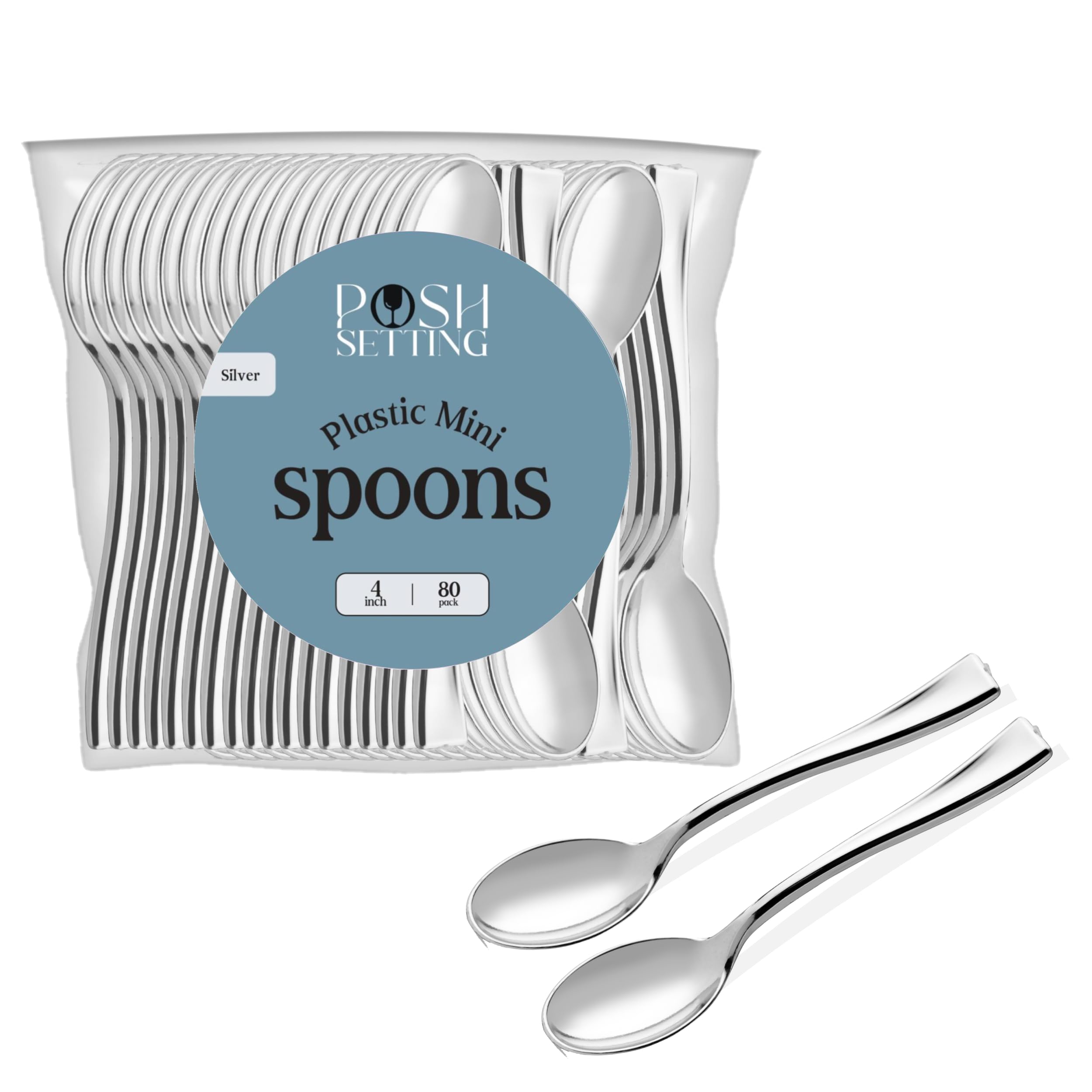 Posh SettingPlastic Mini Spoons, Silver Mini Spoons, Silver Plastic Mini Dessert Spoons, Disposable Tiny Silver Spoons, 4 inch Mini Spoons for Appetizers, Taster Spoons, Ice Cream Spoons (80 Pack)