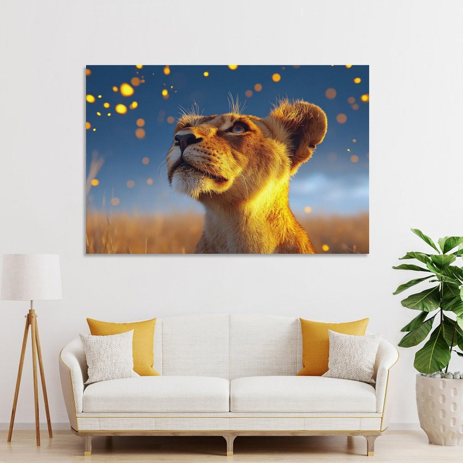 Junmoney Lioness Gazing Upward in Golden Light Decorative Wall Artwork, 08x12inch(20x30cm), for Home Lounge, Bedroom Or Reading Nook, Eye Catching Artwork for Blank Walls