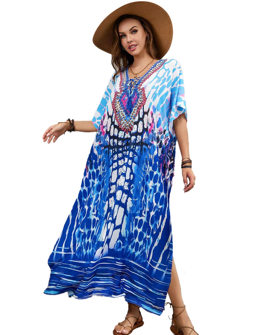 Tyidalin Kaftan Vestido Largo Playa Mujer Maxi Caftan Estampado Verano Boho Túnica Talla Grande Kimono Pareo