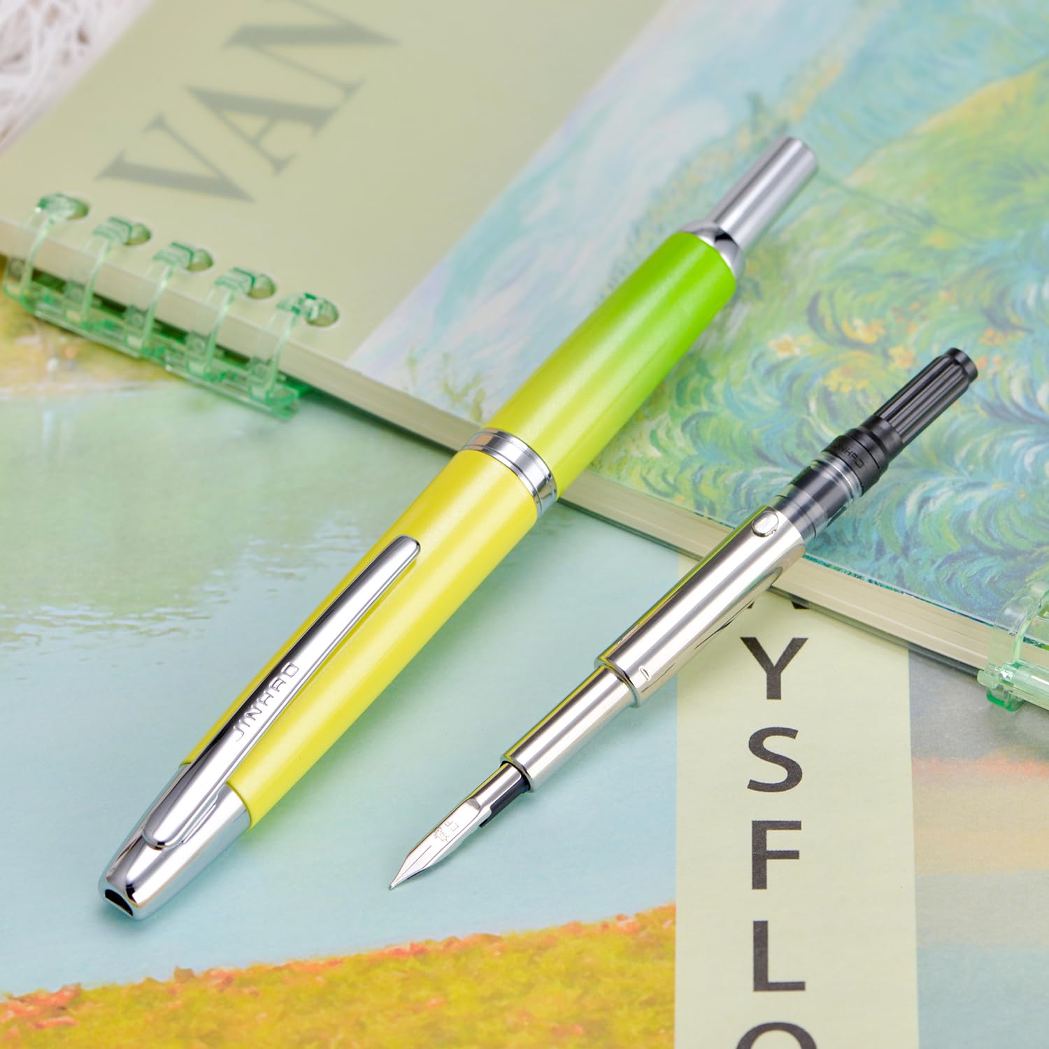 Jinhao 10 Series Press Fountain Pen Gradient Green Retractable Extra Fine Nib with Ink Converter and Metal Pen Box Set (Silver Clip Version) - Image 4