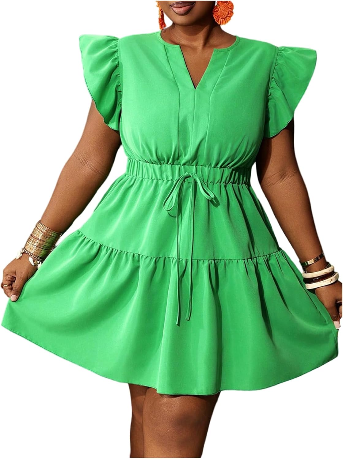 WDIRARA Women's Plus Size Bow Tie Ruffle Cap Sleeve Notch V Neck A Line Mini Dress