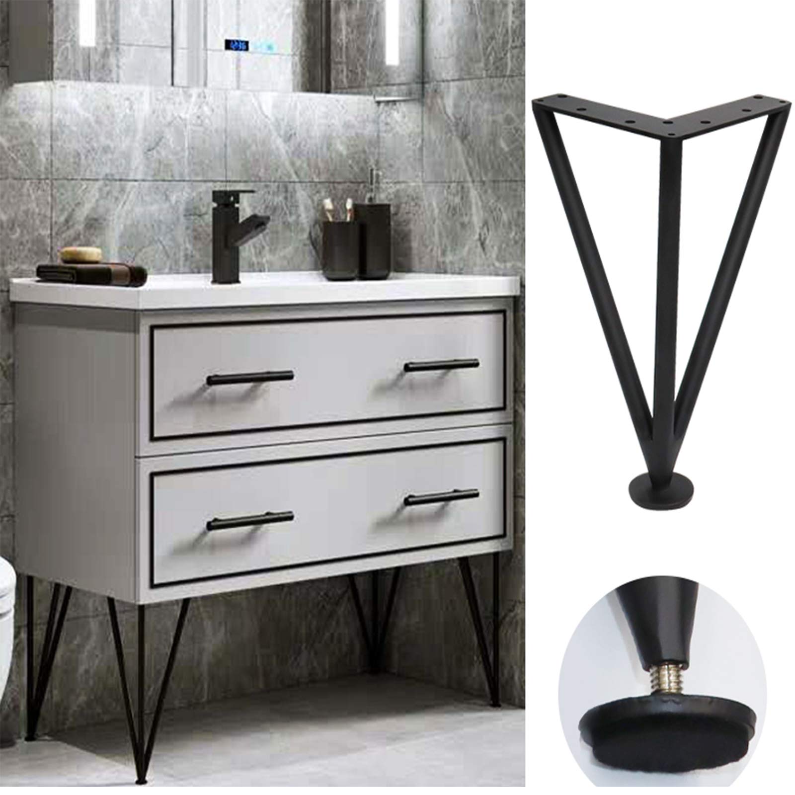 Patas Para Mueble de Metal, Patas Regulables de Sofá, Patas de Gabinete Dorados, Soporte Triangular,Con Tornillos de Montaje (250mm/9.84in,black)