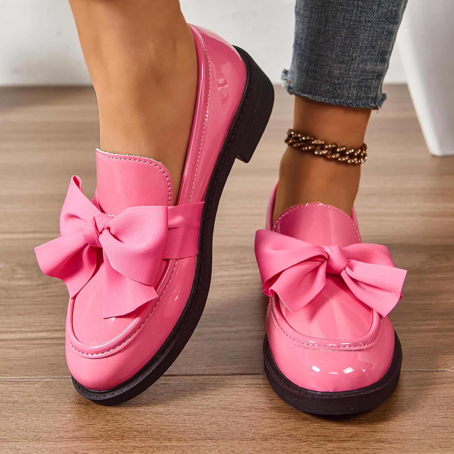 Patent Leather Bow Loafers for Women Comfort Round Toe Slip On Anti Slip Low Chunky Heel Penny Loafers for Work Daily Casual Dressy