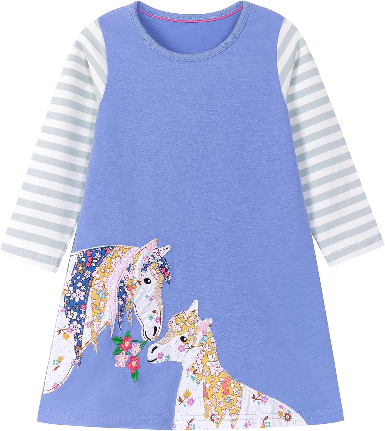 Hongshilian Girl's Cotton Christmas Dress Cute Cartoon Appliques Long Sleeved Swing A-Line Casual Tunic Playwear