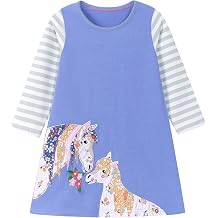 Hongshilian Girls Cotton Christmas Dress Cute Cartoon Appliques Long Sleeved Swing A-Line Casual Tunic Playwear