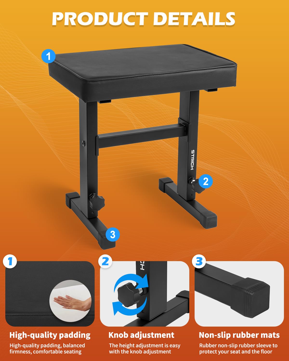 STRICH Sgabello regolabile per pianoforte, sedile per tastiera musicale, sgabello per pianoforte, sedia con cuscino imbottito per musicisti, nero, SPB-M50 (pelle PU)