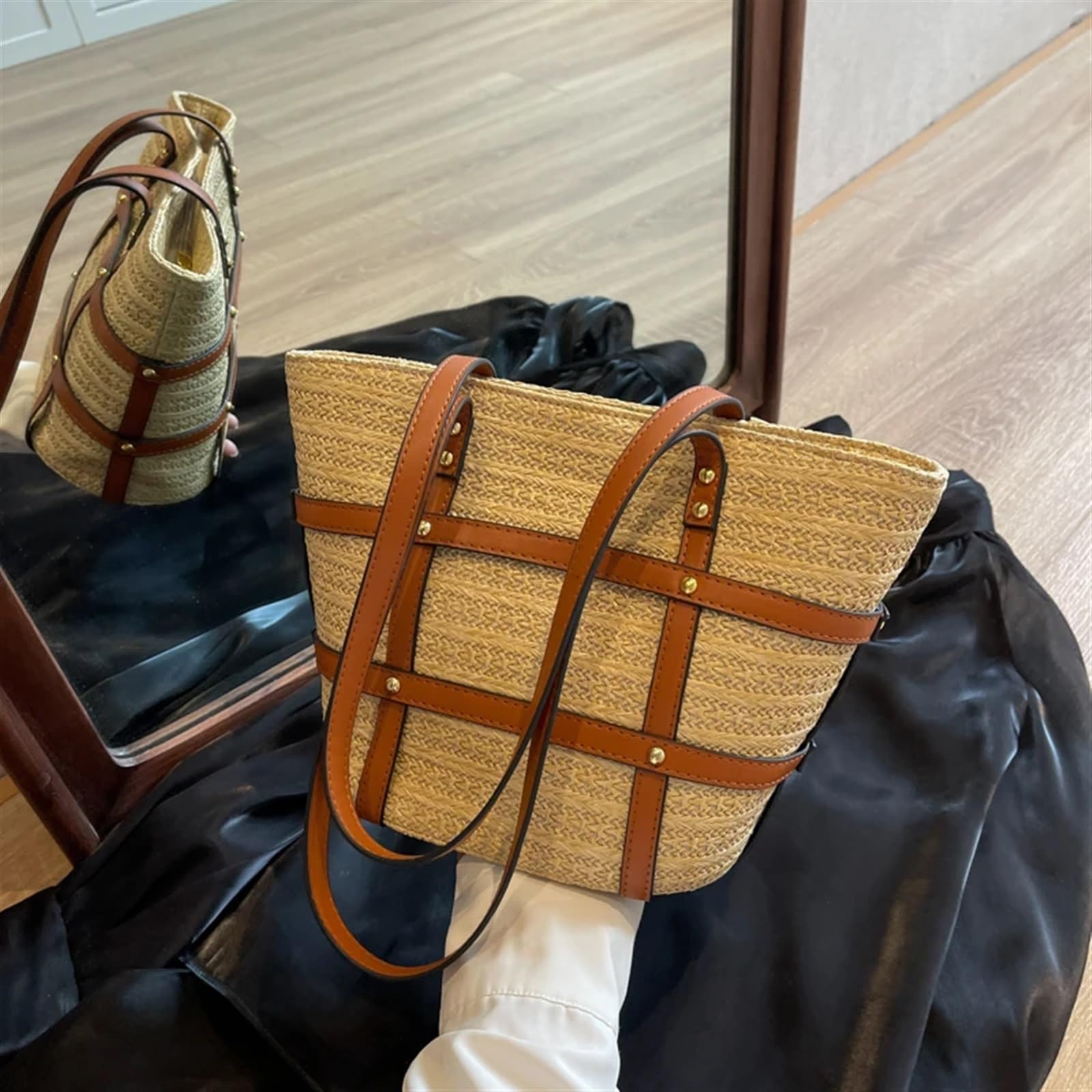 Stroh Handtasche Damen Große Winter Large-Capacity Straw Bag Bag Fashion Shoulder Bag Versatile Large-Capacity Tote Bucket Bag Entworfen Für Die Reise Zum Strand Im Urlaub(Khaki with Black)