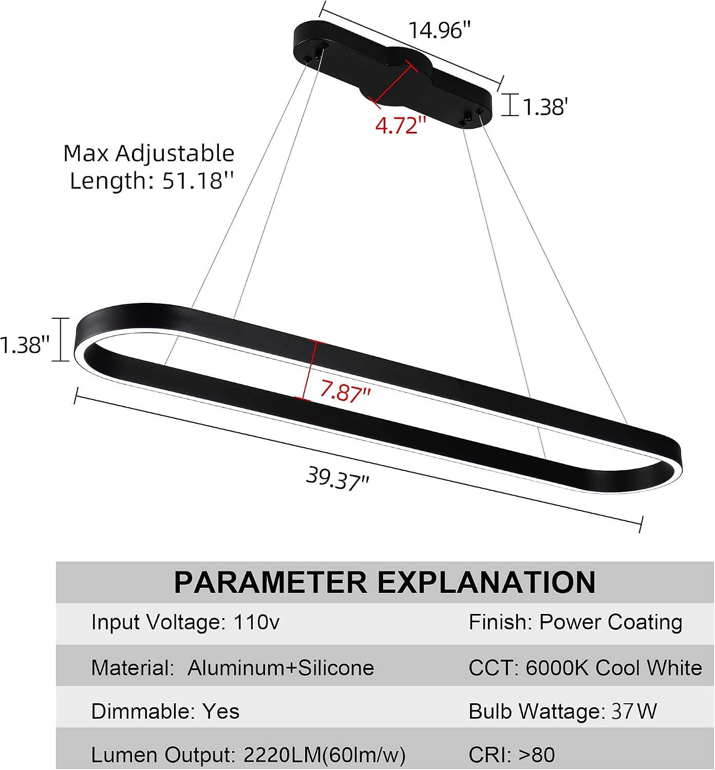 Modern Chandelier Circular LED Dimmable Oval Linear Chandelier Black LED Acrylic Contemporary Pendant Chandeliers Lighting 39.4" Dining Room Entry Kitchen Island Hanging Light 37W