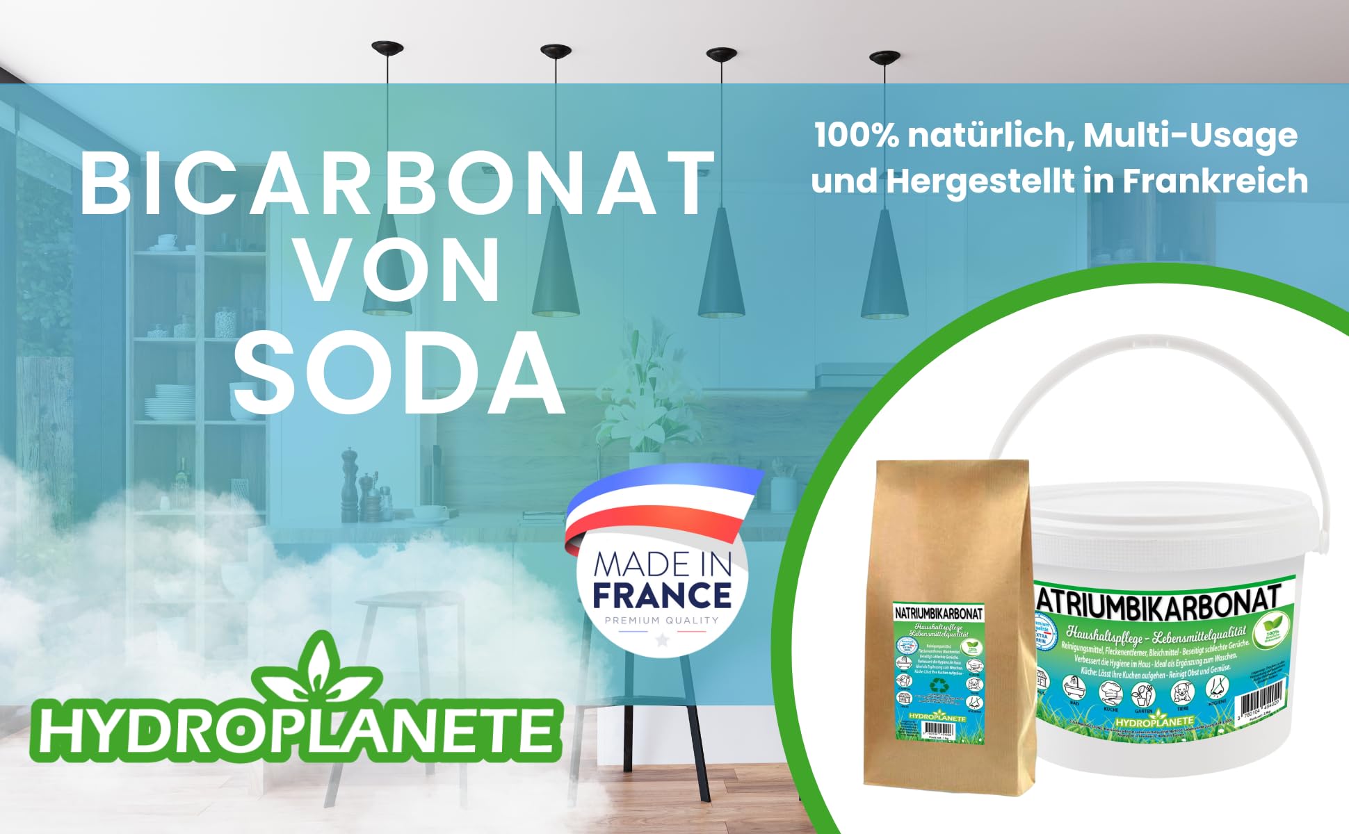 Bicarbonato Sódico Multiusos - Polvo para la Alimentación y el Hogar - Sin Aditivos y 100% Natural - Fabricado en Francia - Disponible de 1kg a 20kg - Hydroplanete
