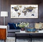 Framed Wall Art World Map Wall Art Canvas Picture 50cmx100cm Large Grey Map of The World Canvas Painting Artwork Prints for Office Wall Decor Home Living Room Decorations Framed Ready to Hang