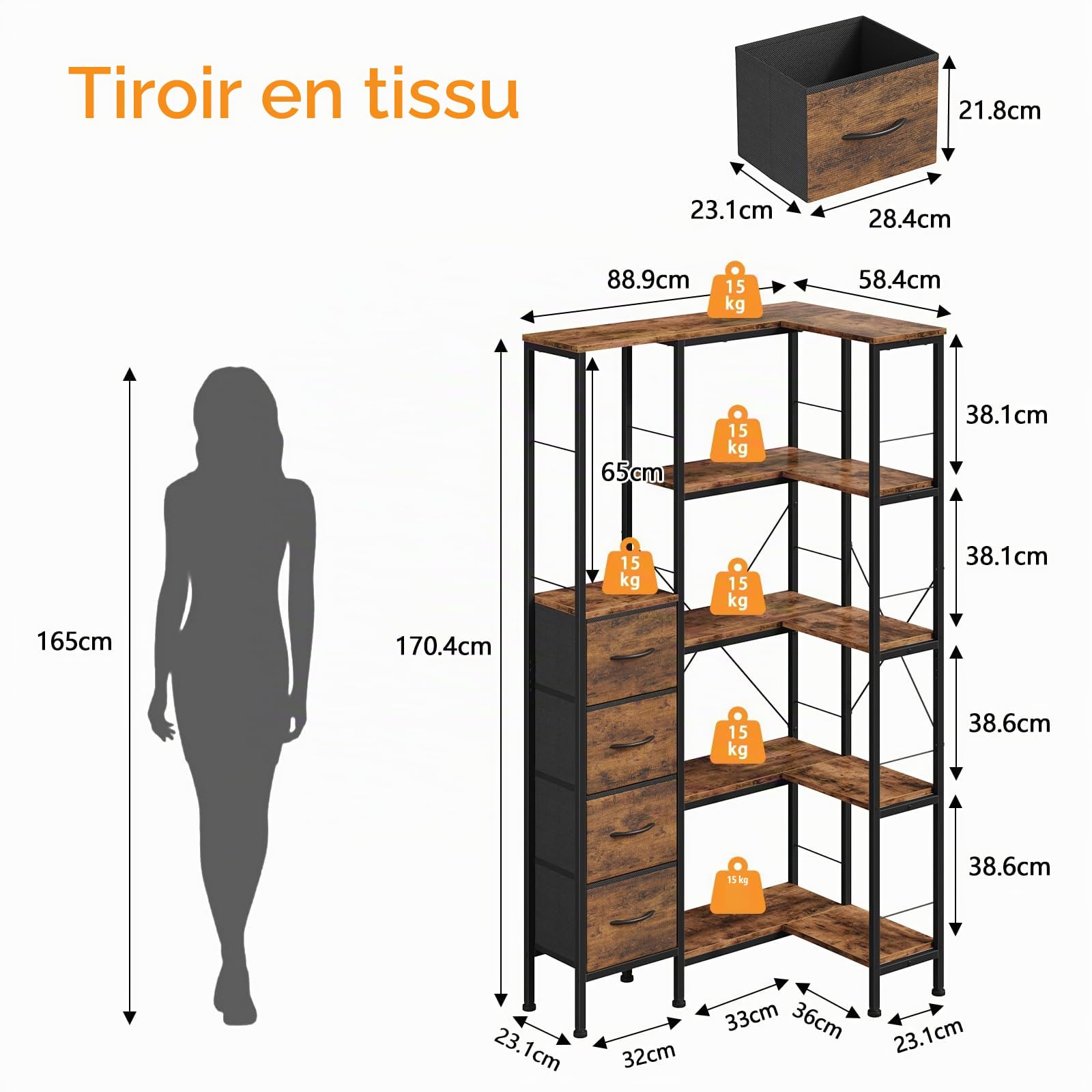 Étagère d'Angle, Bibliothèque 5 Niveaux LED, 4 Tiroirs Tissu, Bois Rustique | Bibliothèque Meuble d'Angle, Étagère d'Angle Murale, Rangement Salon Chambre Bureau, Bibliothèque Industriel Bois