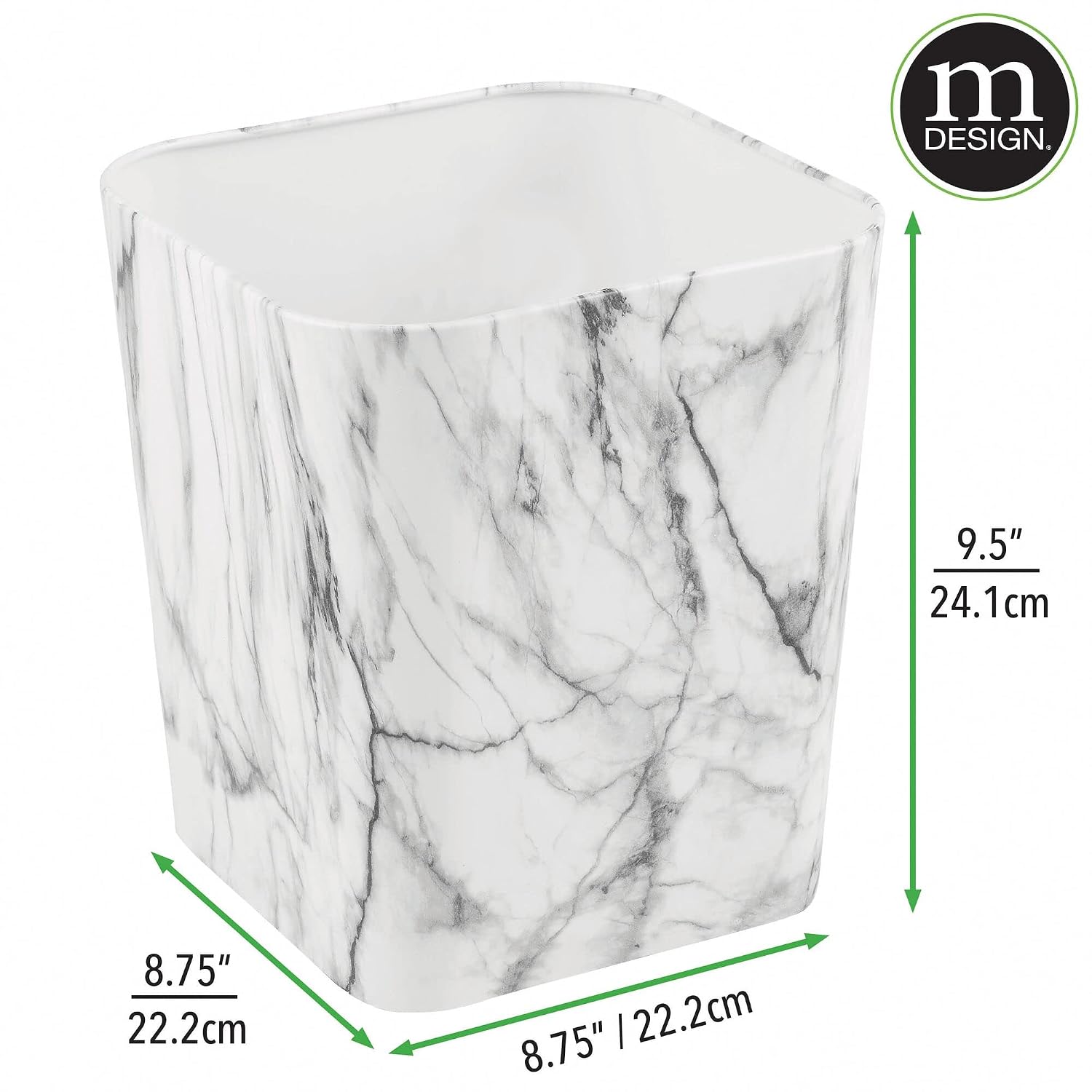 mDesign Small Square Metal 2.3 Gallon Trash Can Wastebasket Garbage Container Bin for Bathroom, Powder Room, Bedroom - Holds Waste and Recycling - Unity Collection - Marble