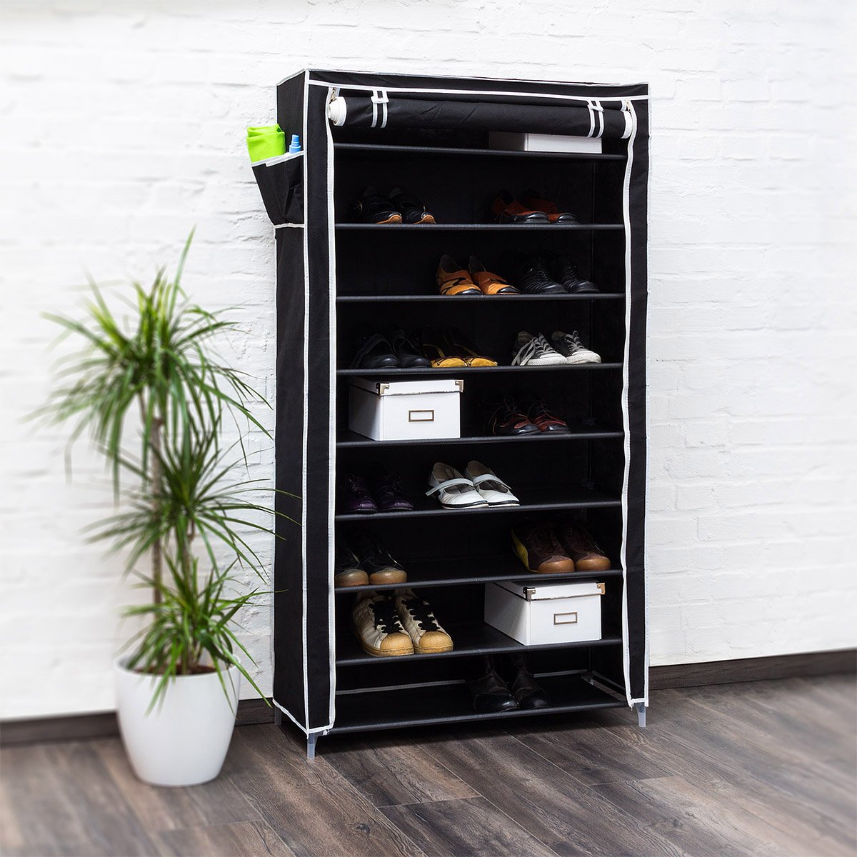 Relaxdays Szafka na buty Valentin, wysoka wys. x szer. x gł.: 161 x 88 x 30 cm, regał na buty z obiciem materiałowym i 10 półkami, szafka z materiału z zamkiem błyskawicznym do przechowywania bez