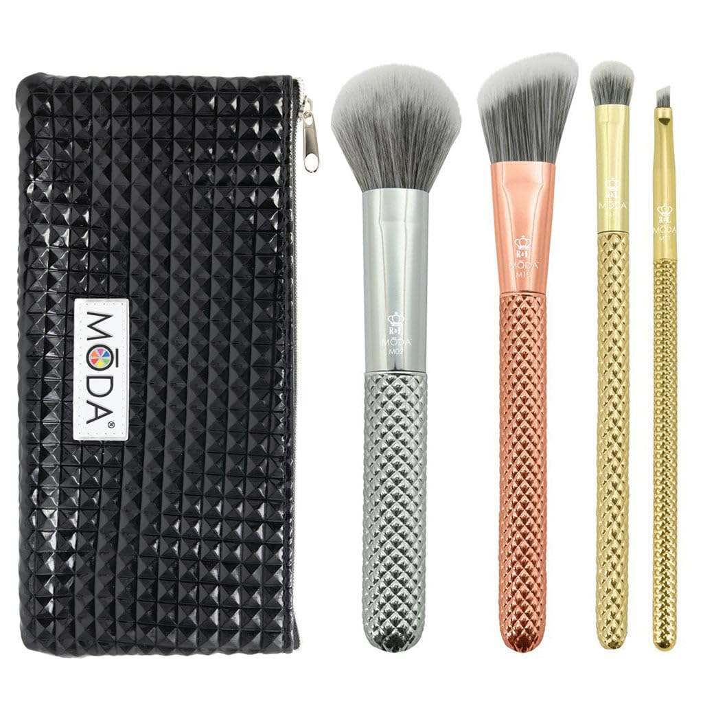 MODA Metallics 5pc Complete Makeup Brush Set with Pouch, Includes - Multi-Purpose Powder, Angle Foundation, Domed Shadow and Angle Eyeliner Brushes