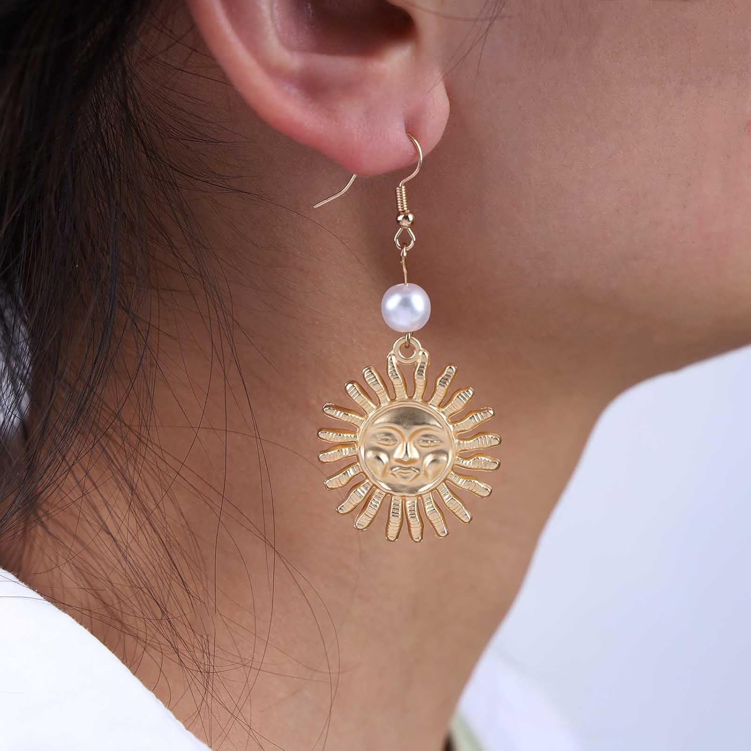 Andelaisi Boho Sun Dangle Earrings Vintage Sun Face Pearl Earrings Gold Celestial Sun Hook Earrings Personalized Sunflower Earrings Jewelry for Women - Image 2