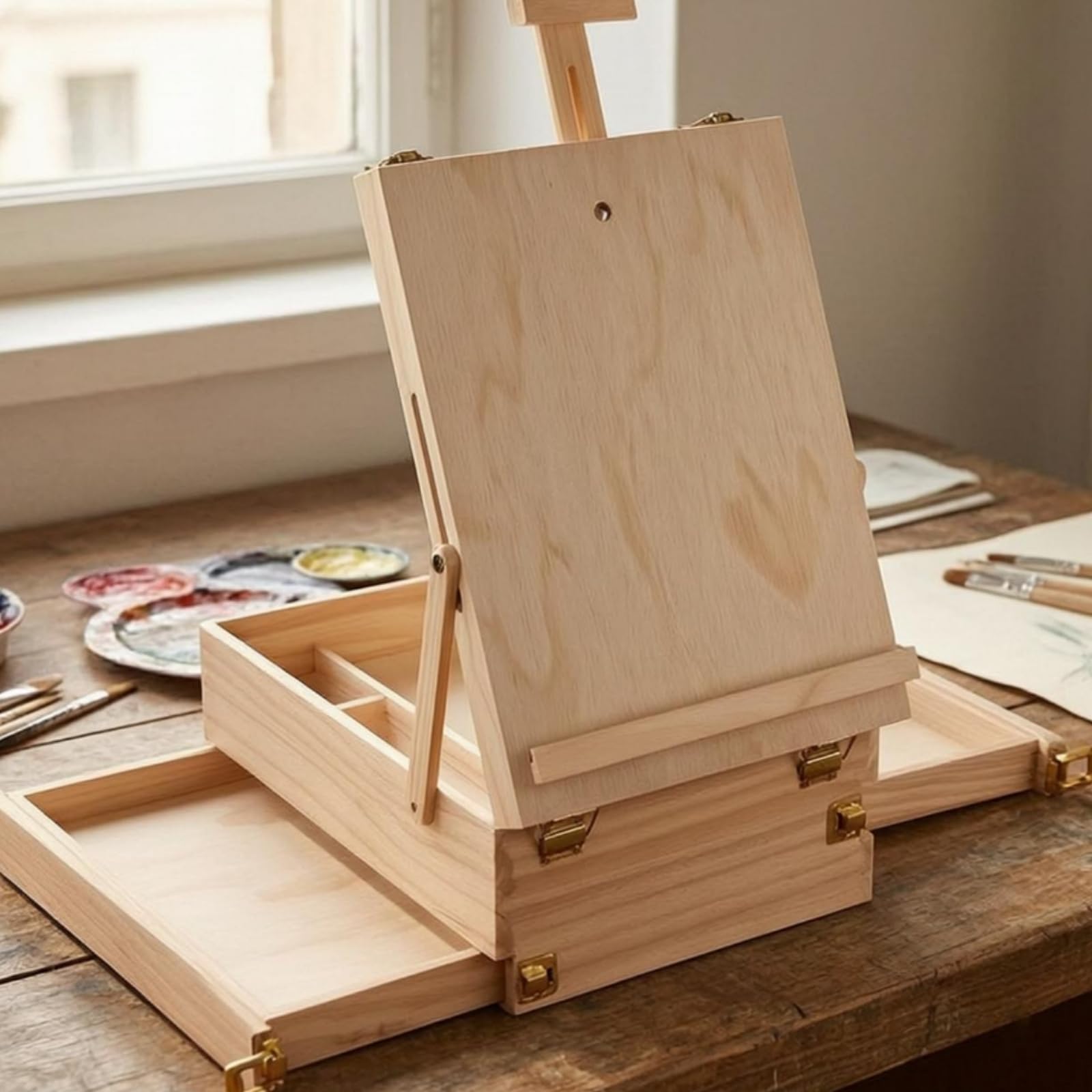 Scatola Cavalletto in Legno Compatto, Cassetta Da Pittura Portatile In Legno Massello, Modello Aperto, Con Cavalletto Da Tavolo E Cassetto Circa 33,3 × 27,7 × 26 Cm