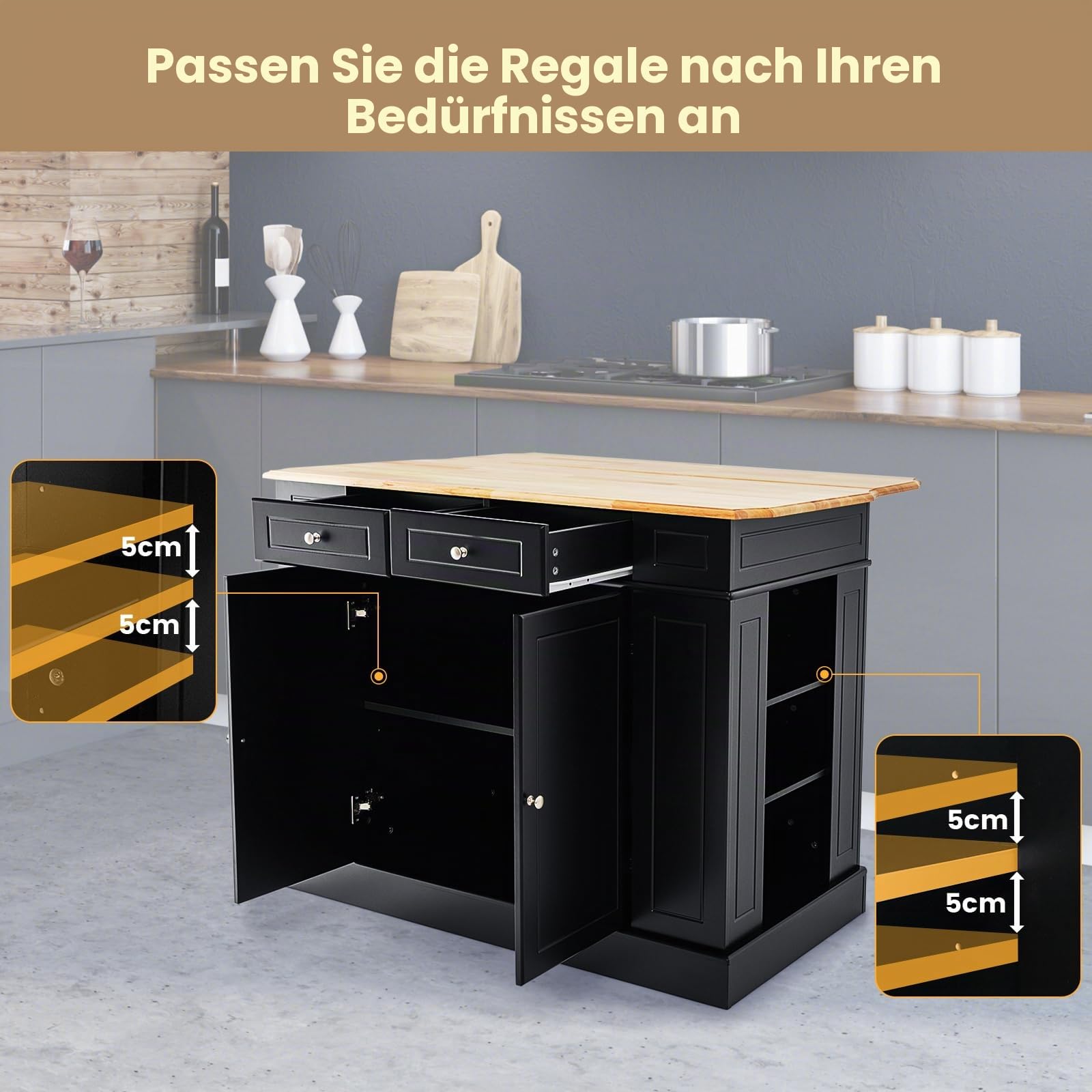 KOMFOTTEU Kücheninsel mit Ausziehbarer Arbeitsplatte, Küchenschrank Holz mit Schubladen Seitenregalen & 2 Türschranke, Küche Anrichte mit verstellbaren Böden für Essimmer Küche 120x61x92 cm(Schwarz)