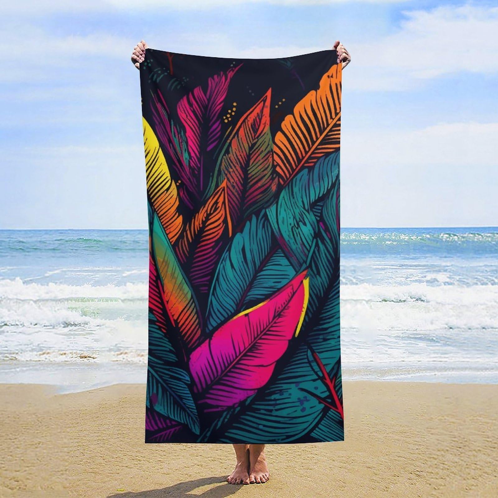 NTVOWPZO Colorful Tropical Leaves Pattern Beach Towel Oversized Microfiber Bath Towels Lightweight Sand Proof Beach Towels Absorbent Pool Towels for Swimming Yoga Bathroom Towel 31.5" X 63"