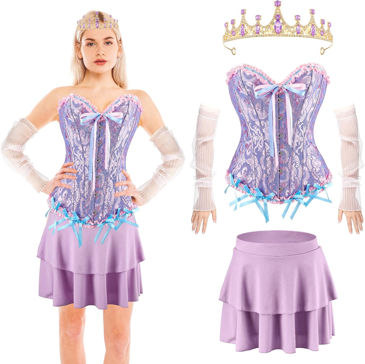 Women Princess Costume Purple Corset Pleated Skirts Arm Sleeves Crowns Flower Clip for Adult Halloween Cosplay