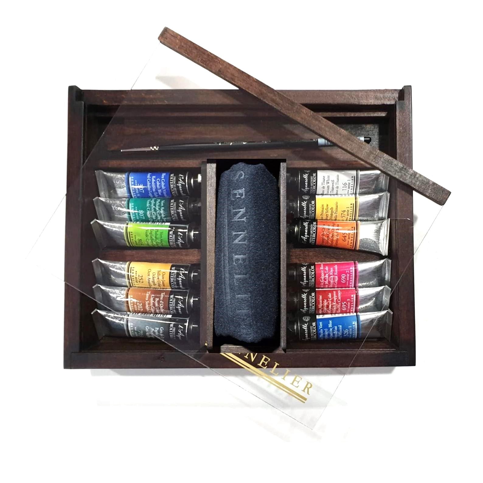 Sennelier Aquarelowe pudełko farby. Zestaw z drewna akwarelowego Extra Fine 12 tubek 10ml i pocztówki